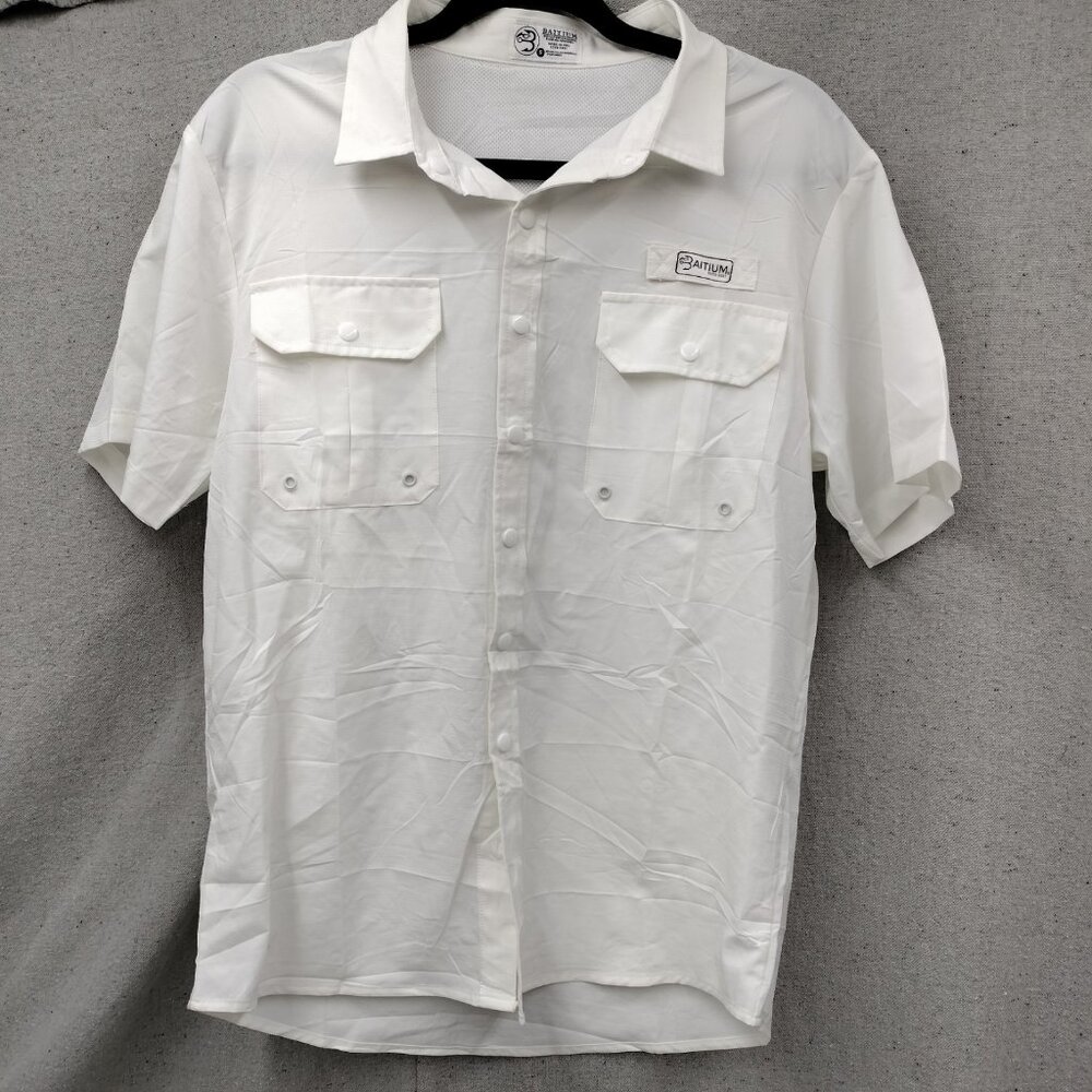 Baitium Vented Fishing Shirt Mens Small White Button Up Shirt Sleeve.